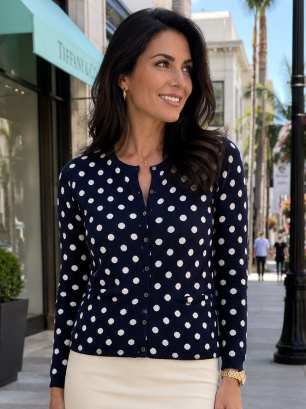 Gerry Weber Vtg Navy Blue White Polka Dot Button Down Short Knit Cardigan Y2K XL
